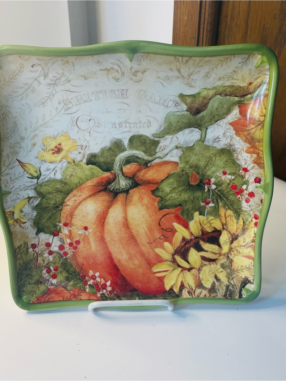 Decorative Pumpkin & Sunflower Ceramic Serving Platter - Green Trim